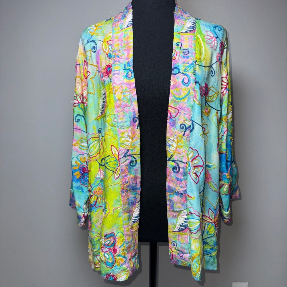 John Mark Floral Embroidered Kimono Jacket Petite XL Blue Green Watercolor Boho
